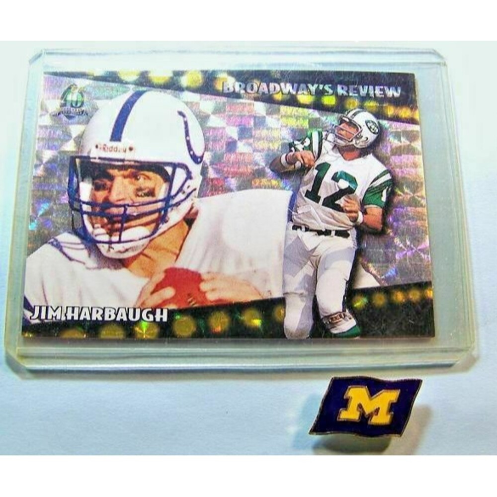 Jim Harbaugh, Joe Namath 1996 Topps Insert Card and Michigan Tie-tack